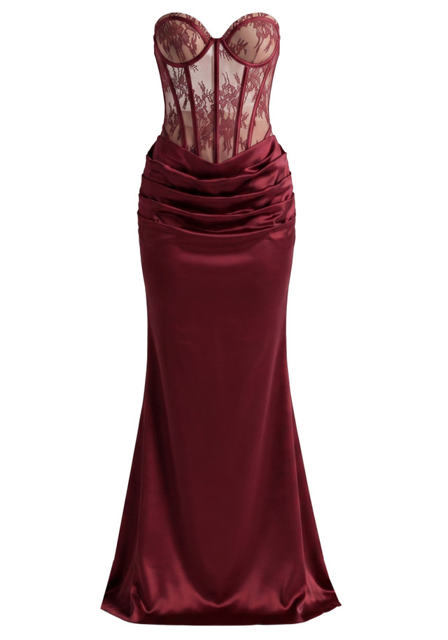 Strapless Lace Bustier Maxi Dress Burgundy