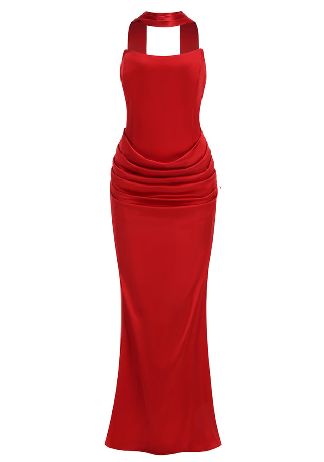 Strapless Draped Corset Maxi Dress Red