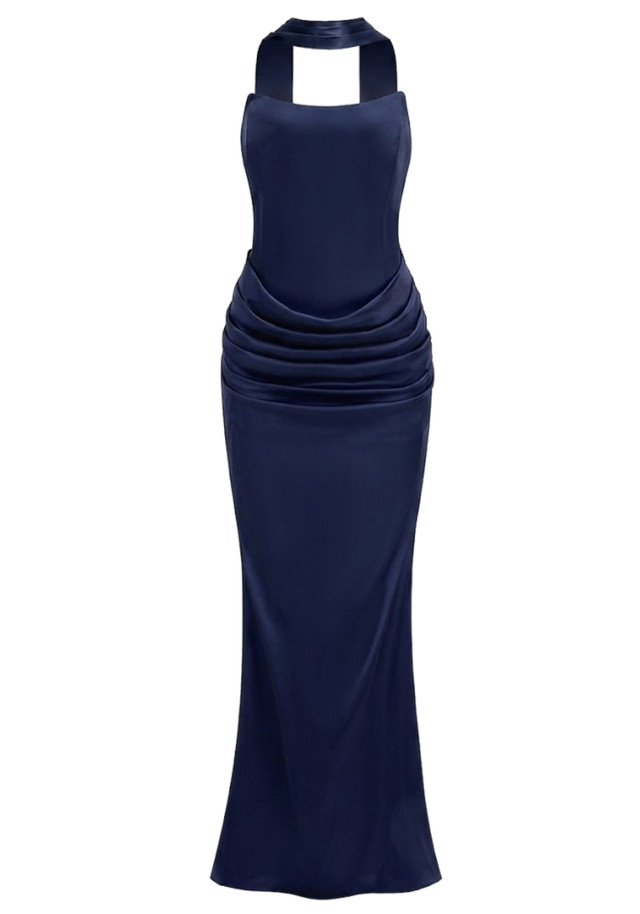 Strapless Draped Corset Maxi Dress Blue