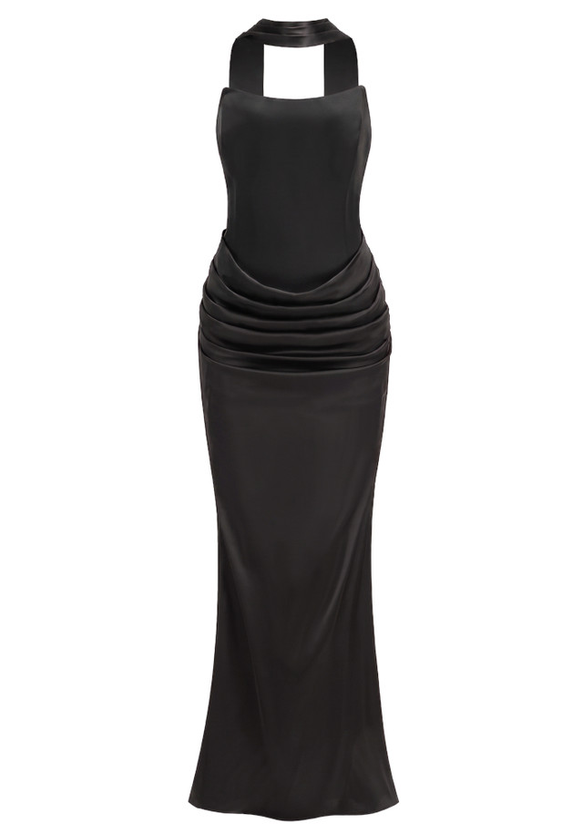 Strapless Draped Corset Maxi Dress Black