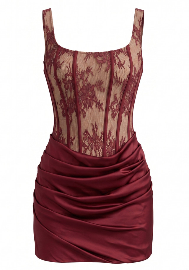 Structured Lace Draped Corset Dress Burgundy
