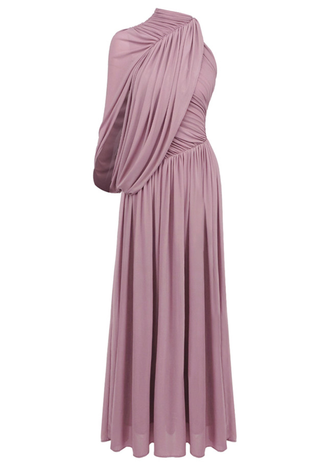 One Sleeve Draped A Line Maxi Dress Pink