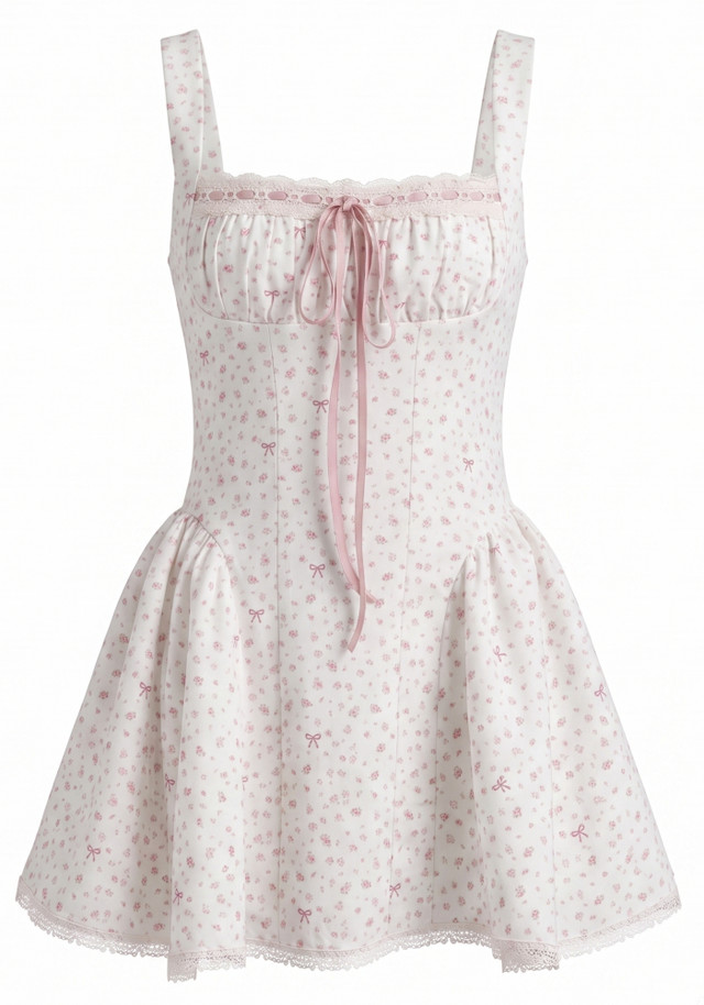 Floral Draped Bustier Corset A Line Dress White Pink