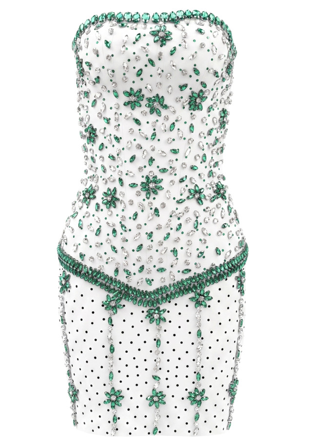 Strapless Crystal Embellished Dress White Green