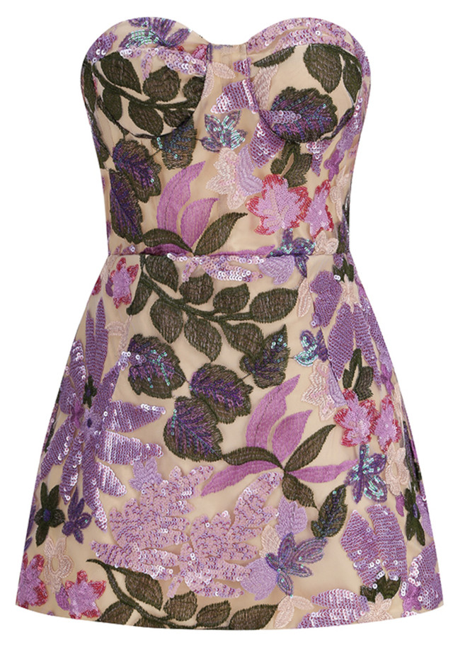 Strapless Floral Sequin Corset Dress Lavender