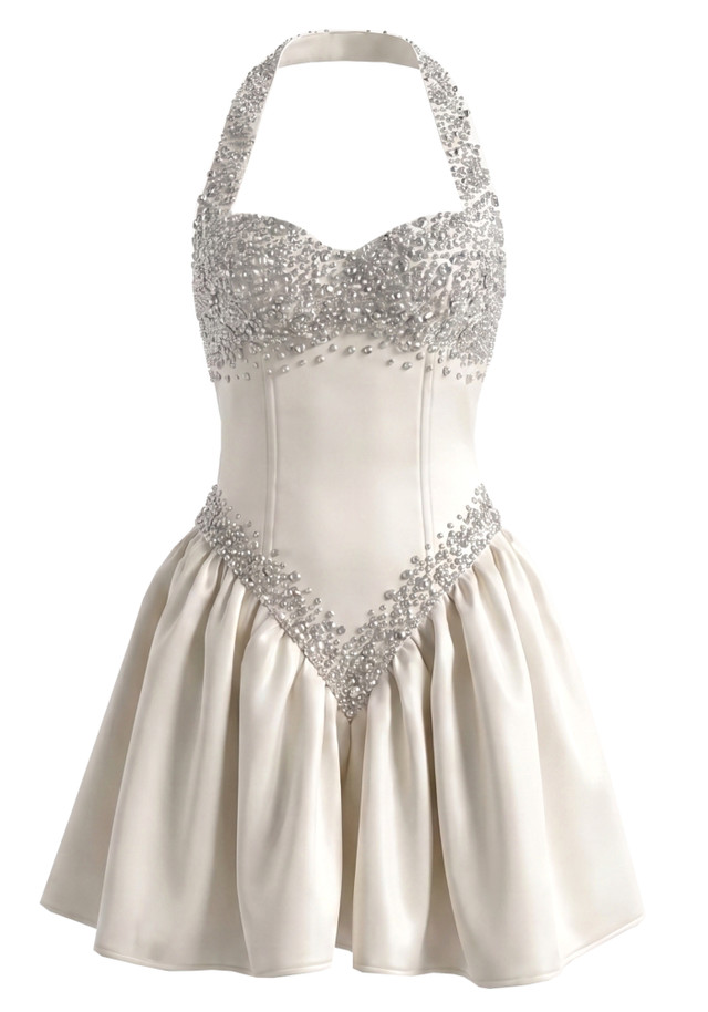 Halter Crystal Sequin A Line Dress Ivory