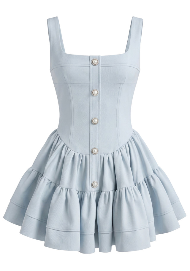 Front Button Detail A Line Dress Blue
