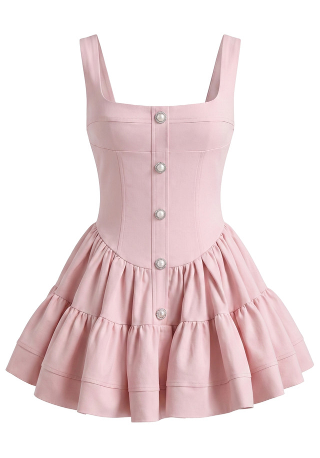 Front Button Detail A Line Dress Pink