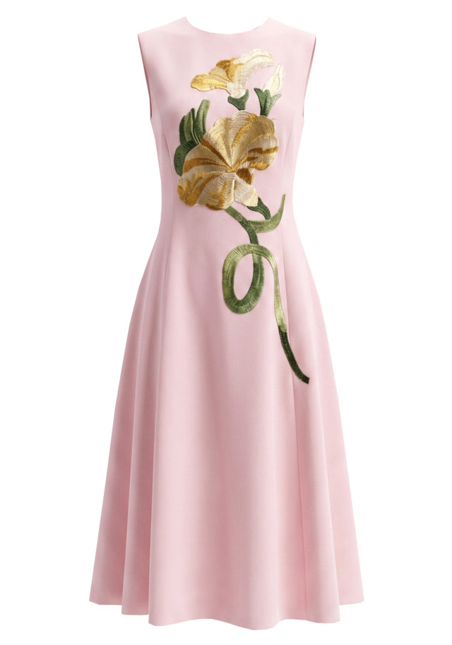 Floral Embroidered A Line Midi Dress Pink