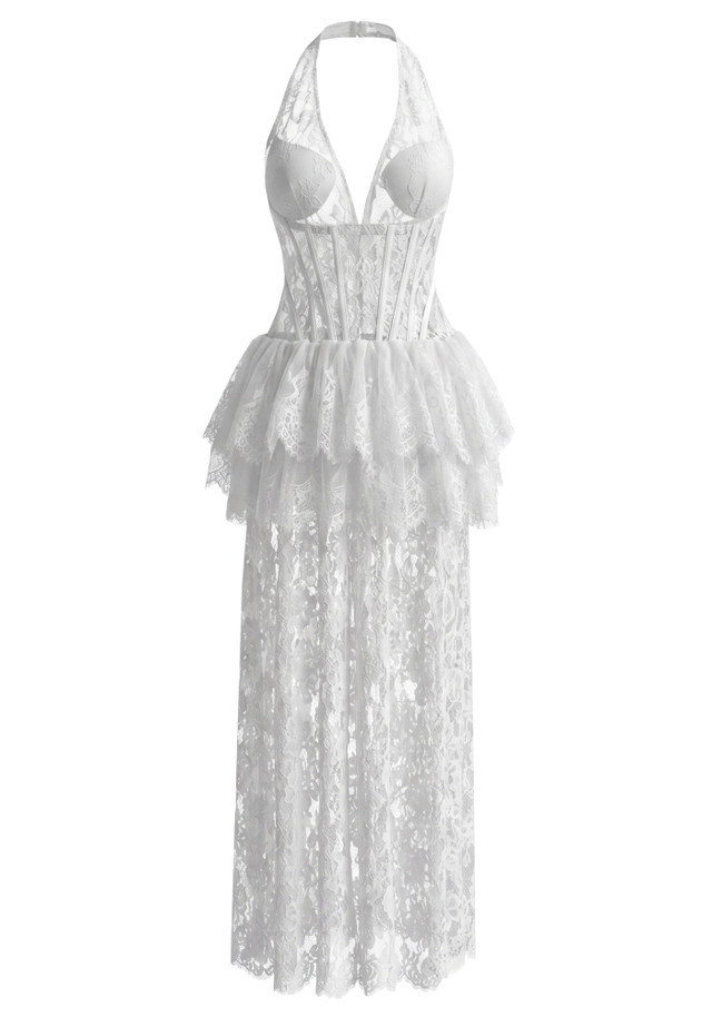 Halter Lace Peplum Maxi Dress White