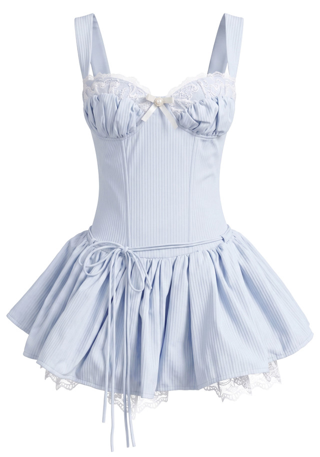 Lace Draped Bustier A Line Dress Blue
