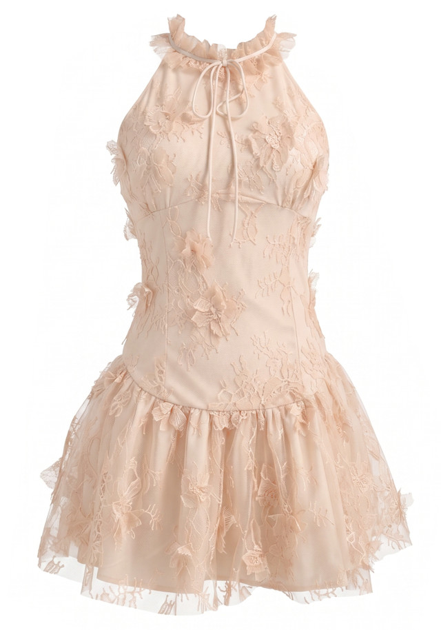 Halter Butterfly Detail Lace Dress Peach