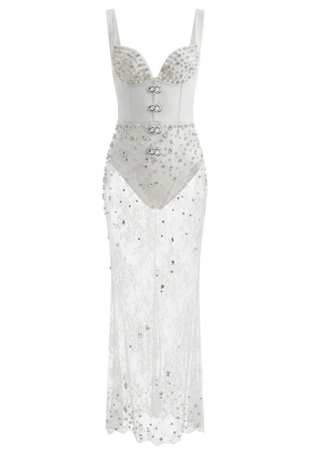 Crystal Embellished Bustier Lace Maxi Dress White