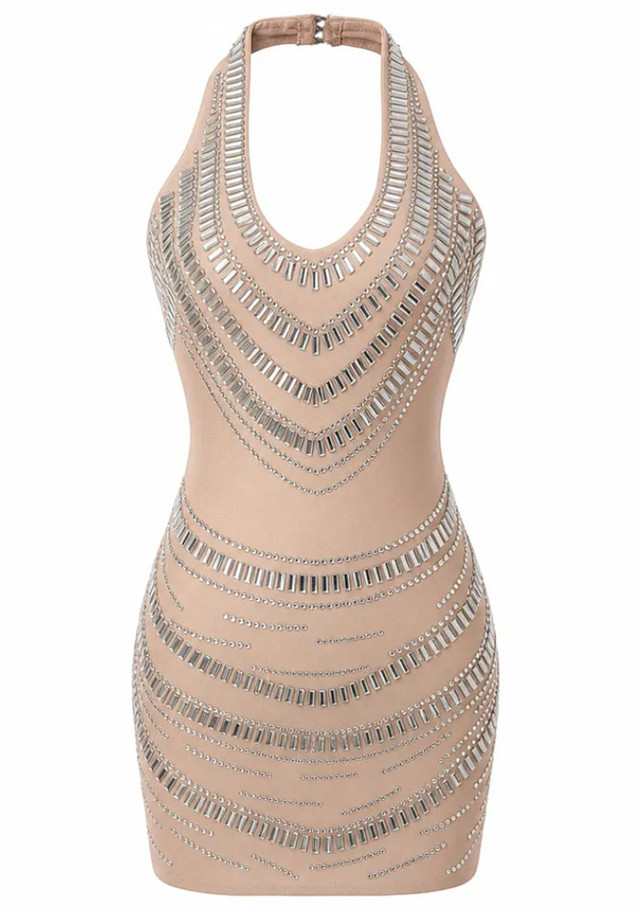 Halter Embellished Dress Nude
