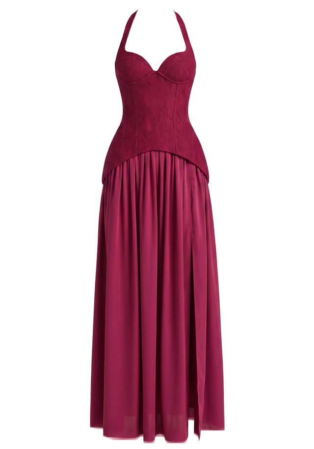 Halter Floral A Line Corset Maxi Dress Burgundy