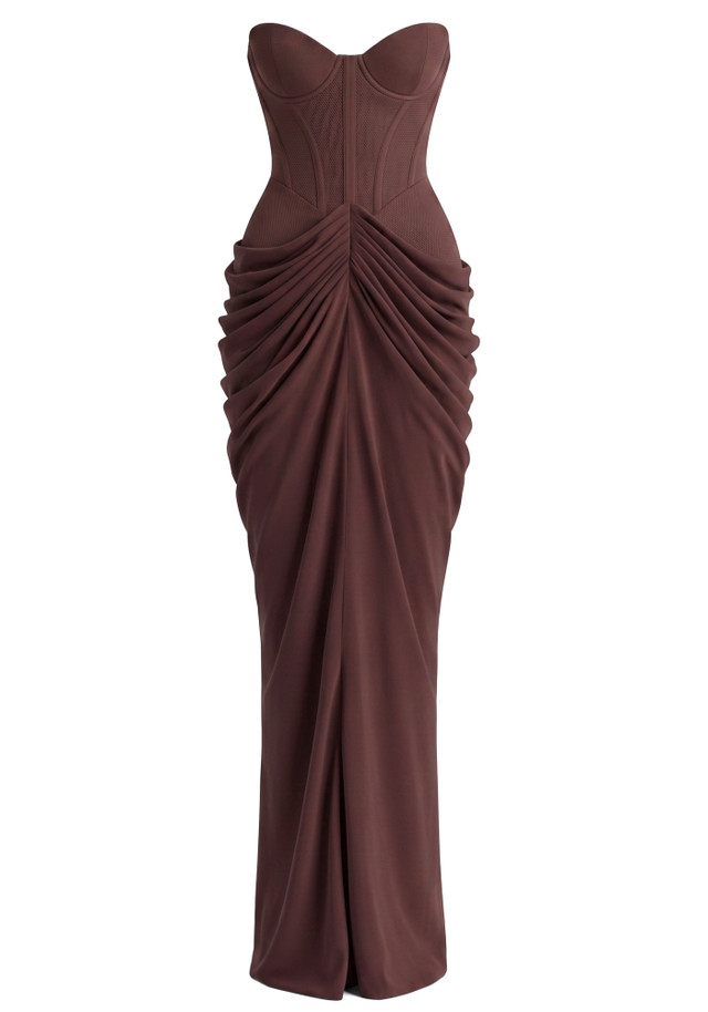 Strapless Bustier Draped Corset Maxi Dress Brown
