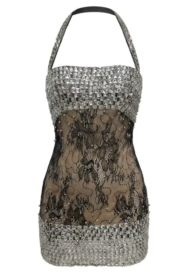 Halter Embellished Lace Dress Black