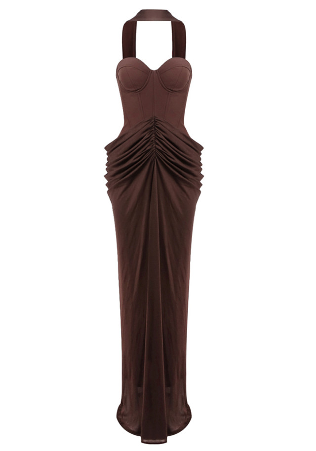 Strapless Draped Maxi Dress Brown