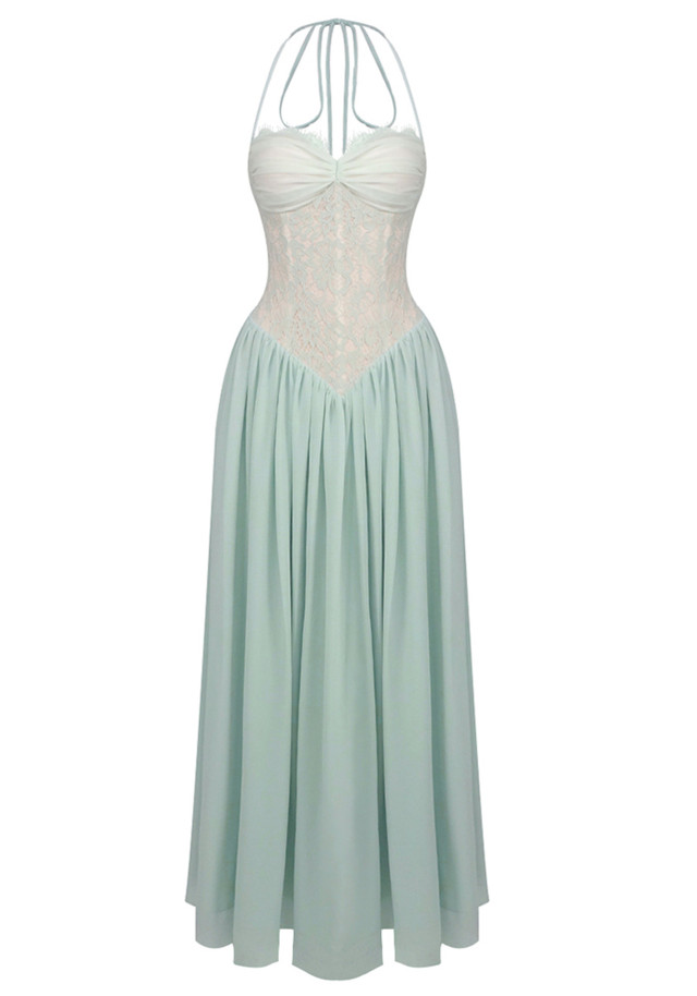 Halter Lace Corset A Line Maxi Dress Green