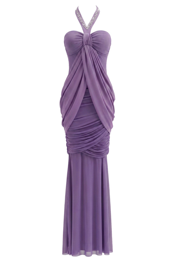 Halter Crystal Draped Corset Maxi Dress Purple
