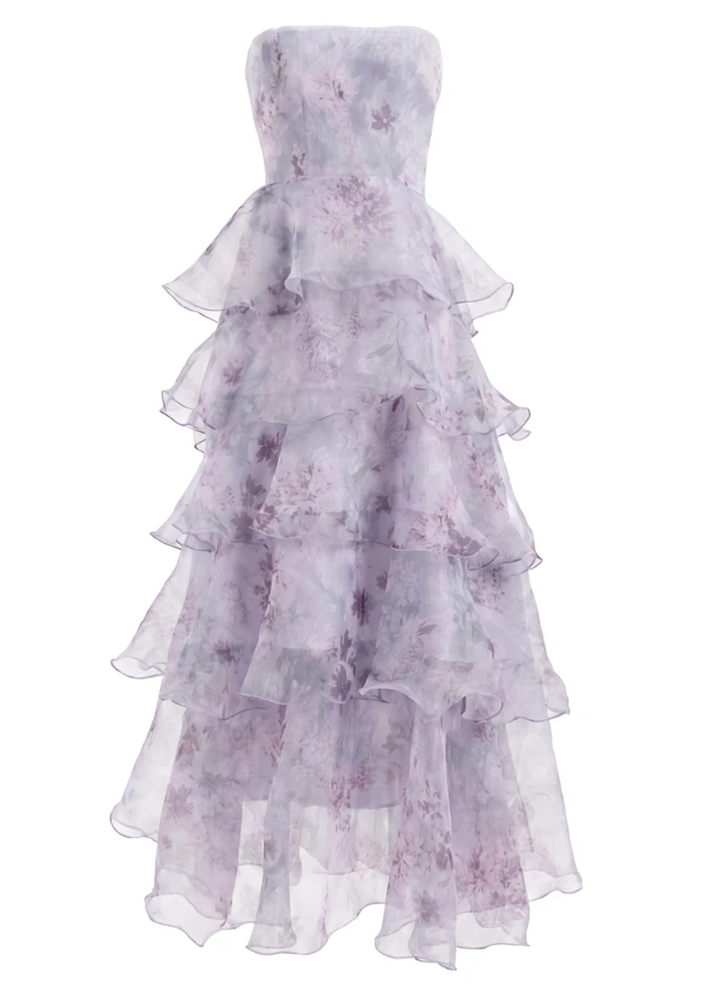 Strapless Floral Detail Ruffle Maxi Dress Lavender