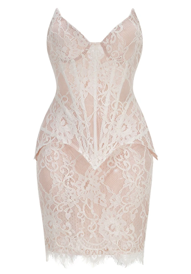 Strapless Lace Corset Two Piece Dress White