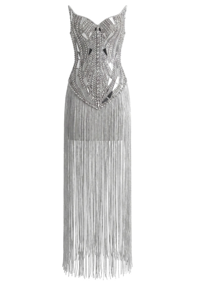 Strapless Crystal Mirror Tassel Maxi Dress Silver