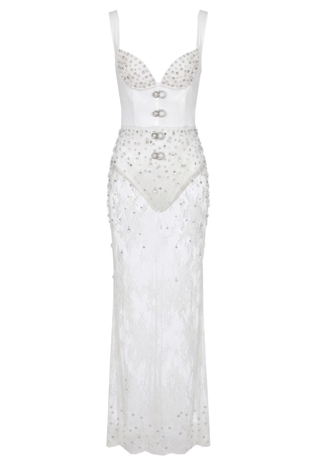 Crystal Bustier Lace Maxi Dress White