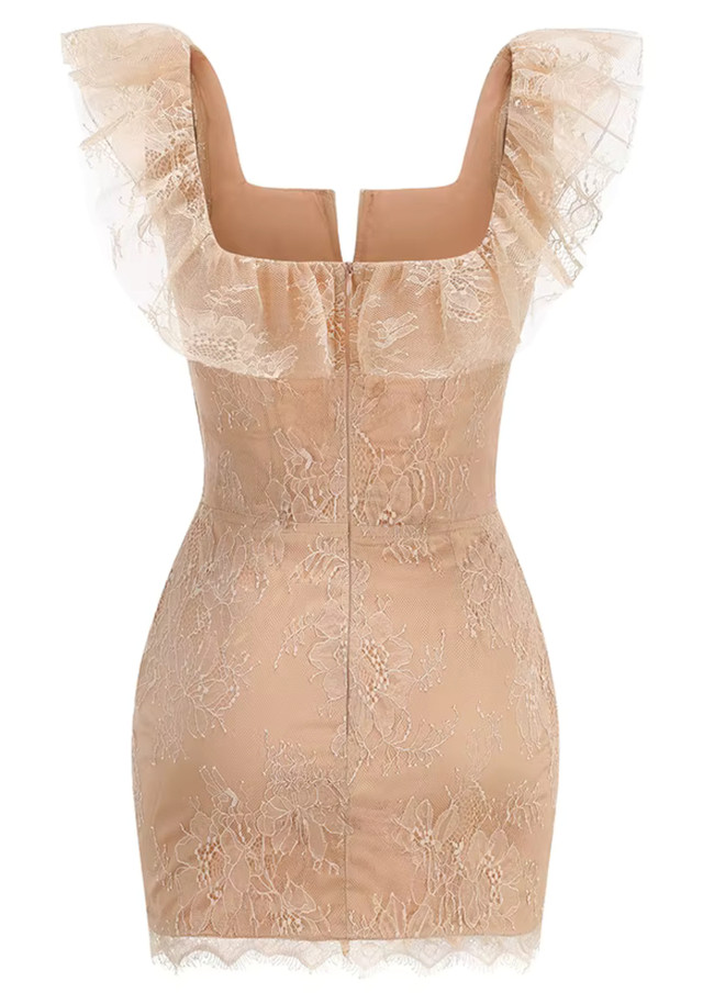 Lace Ruffle Structured Dress Peach Nude