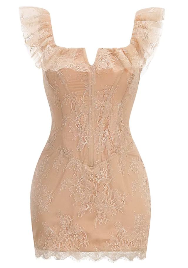 Lace Ruffle Structured Dress Peach Nude