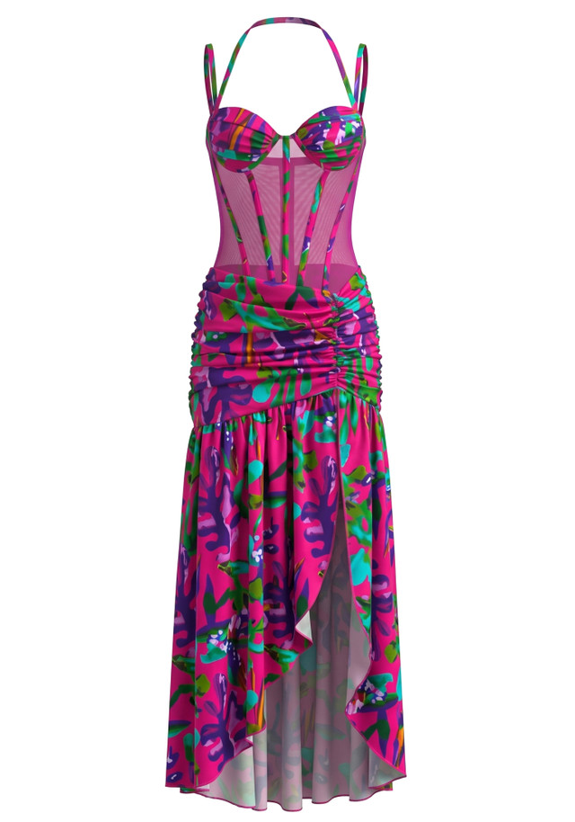 Halter Floral Bustier A Line Maxi Dress Hot Pink