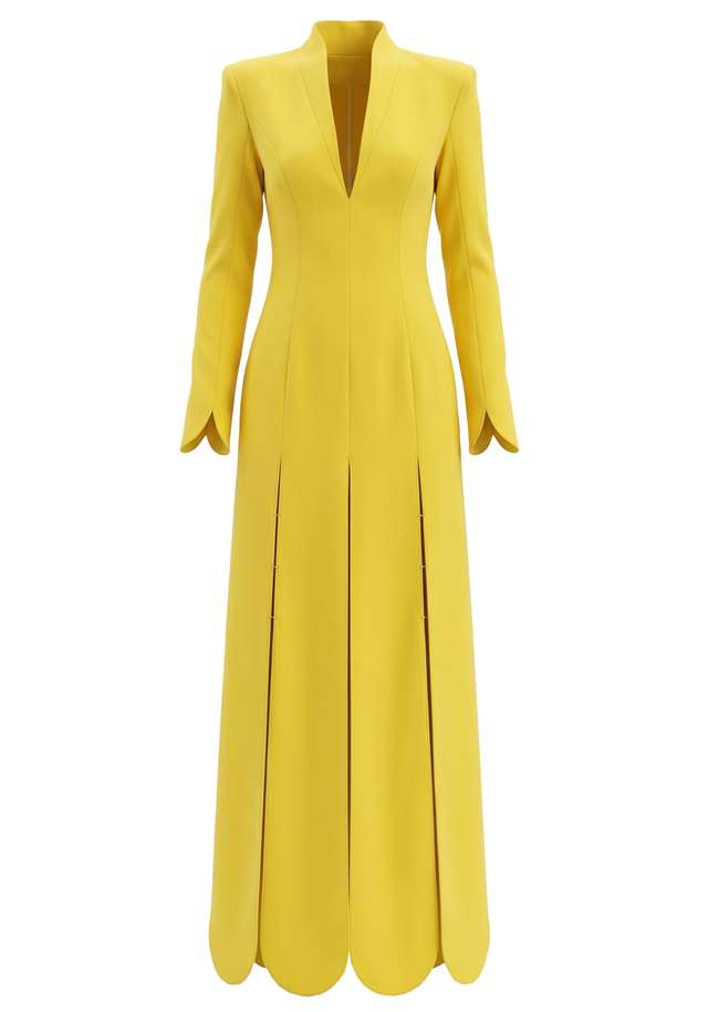 Long Sleeve Scalloped Hem Maxi Dress Yellow