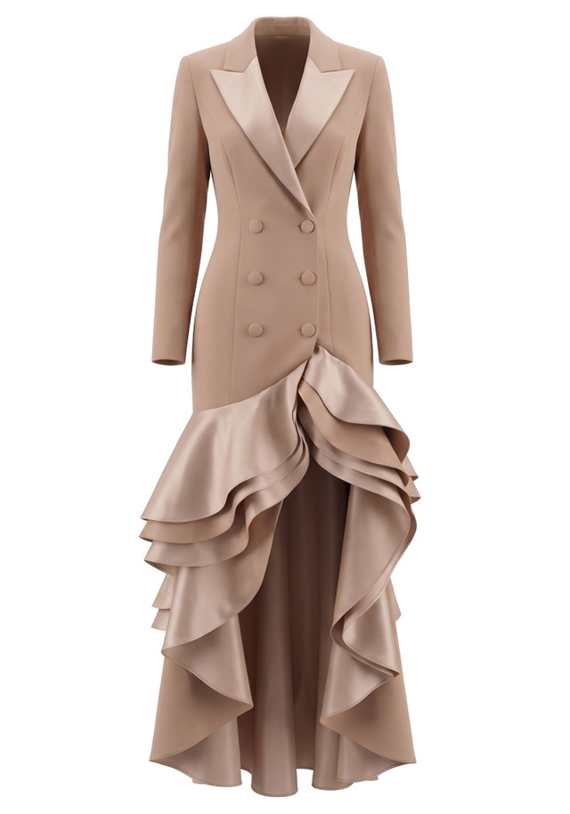 Long Sleeve Ruffle Detail Maxi Blazer Dress Brown