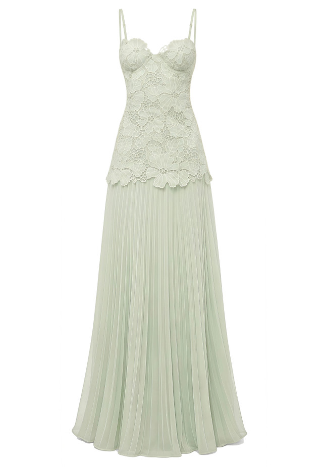 Lace Bustier Pleated A Line Maxi Dress Green