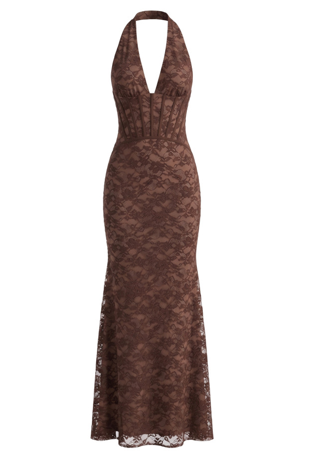 Halter Structured Lace Maxi Dress Brown