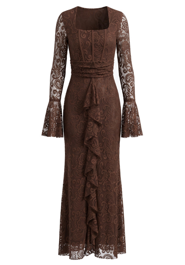 Long Sleeve Ruffle Detail Lace Maxi Dress Brown