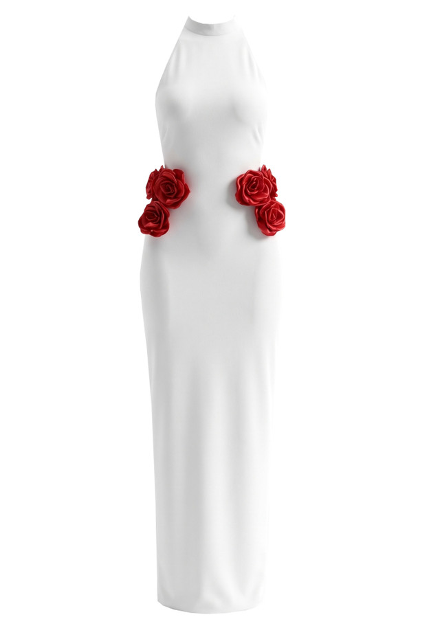 Halter Floral Maxi Dress White Red