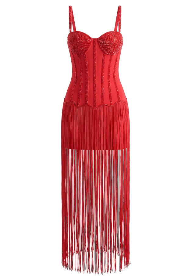 Embellished Bustier Tassel Maxi Dress Red