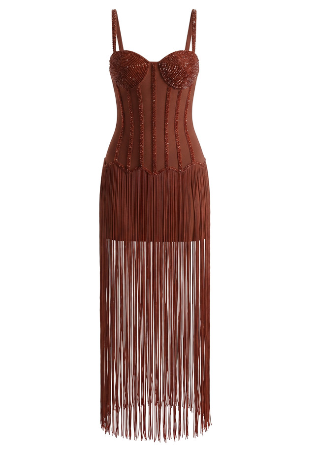 Embellished Bustier Tassel Maxi Dress Brown