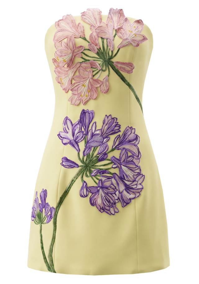 Strapless Floral Embroidered Dress Yellow