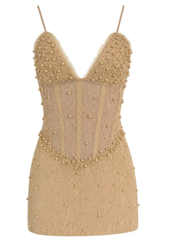 Embellished Structured Lace Dress Nude