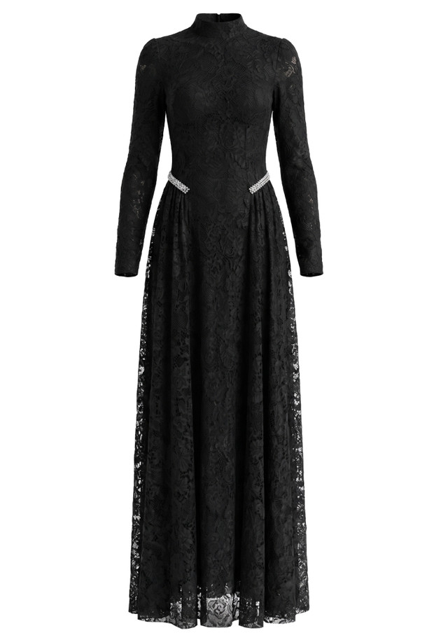 Long Sleeve Crystal Detail Lace A Line Maxi Dress Black