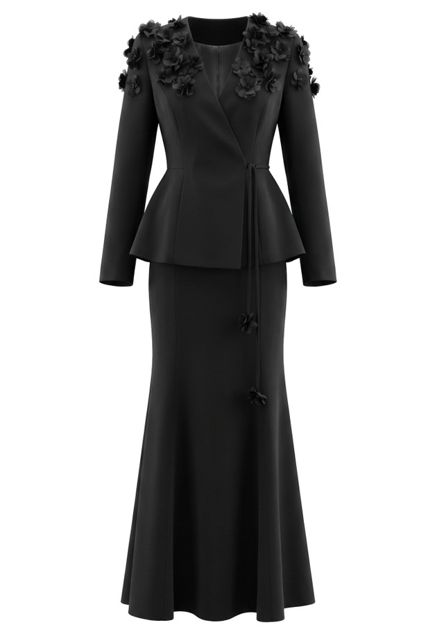 Long Sleeve Floral A Line Two Piece Maxi Dress Black