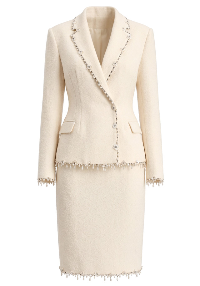 Long Sleeve Embellished Trim Two Piece Dress Ivory