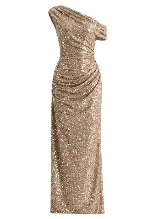 One Shoulder Bardot Embellished Maxi Dress Gold