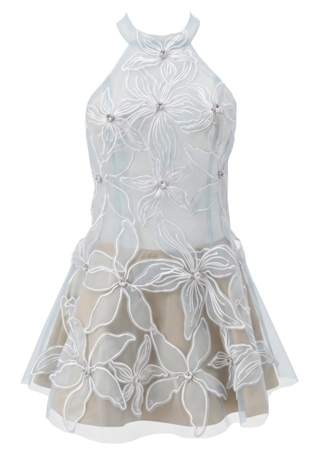 Halter Floral Embroidered A Line Dress Light Blue