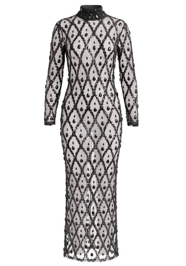 Long Sleeve Embellished Sequin Mesh Maxi Dress Black