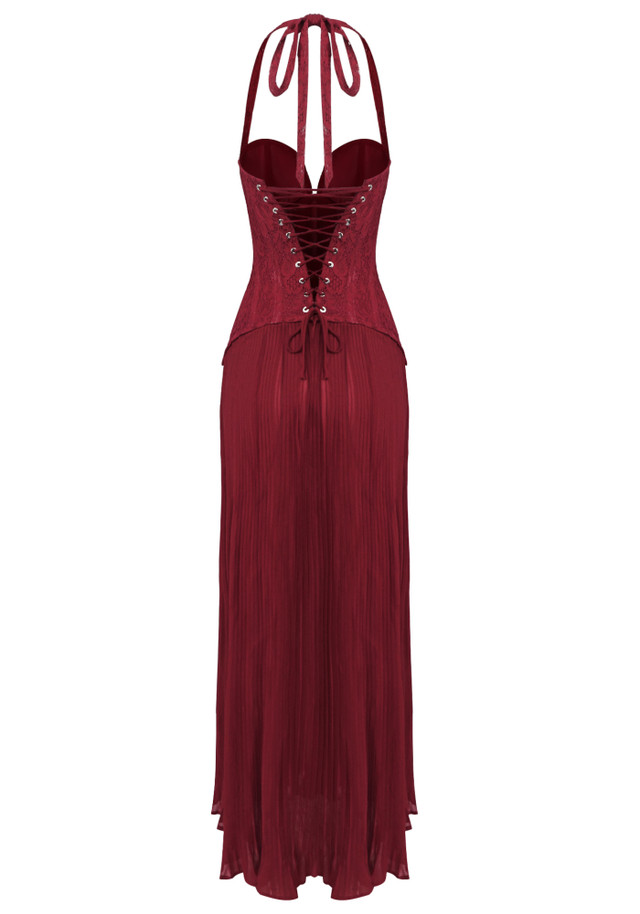 Halter Structured Corset A Line Maxi Dress Burgundy