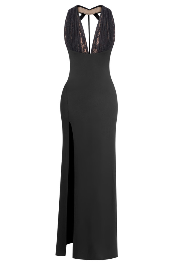 Halter Lace Bustier Maxi Dress Black