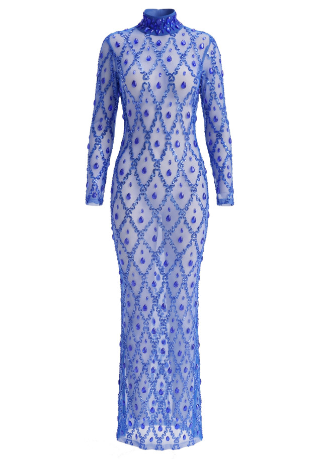 Long Sleeve Embellished Sequin Mesh Maxi Dress Blue